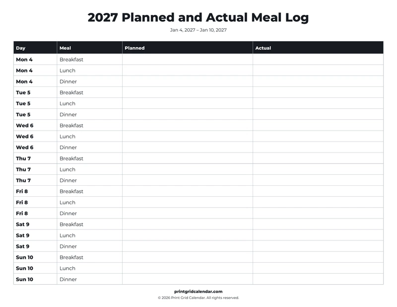 Planned and Actual Meal Log — Bold essentials — US Letter · Landscape · Monday start