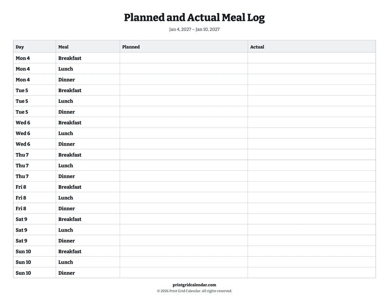 Planned and Actual Meal Log — Bookish bold — US Letter · Landscape · Monday start