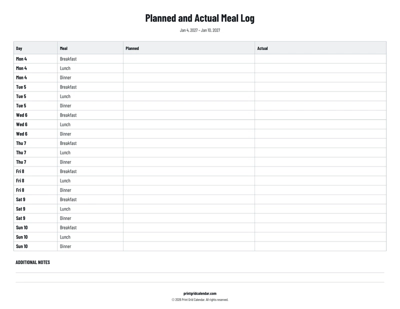 Planned and Actual Meal Log — Plans below — US Letter · Landscape · Monday start