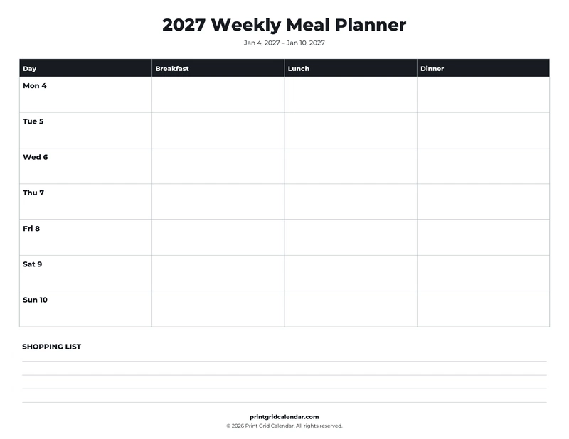 Weekly Meal Planner — Bold essentials — US Letter · Landscape · Monday start