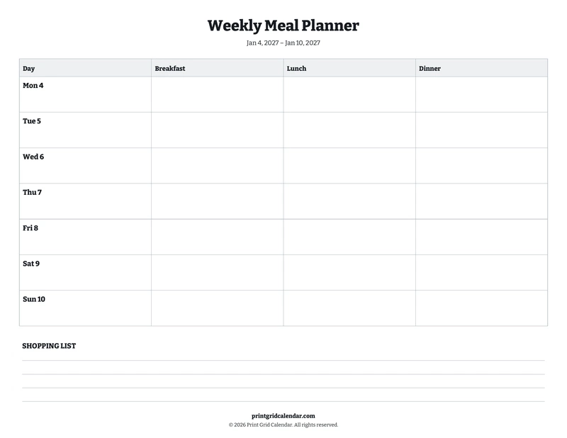 Weekly Meal Planner — Bookish bold — US Letter · Landscape · Monday start