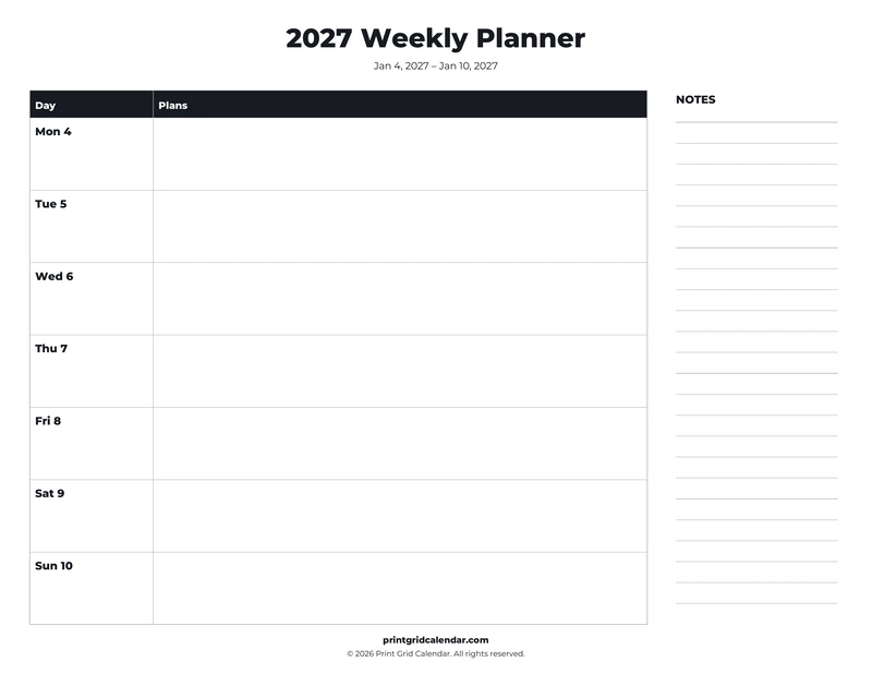 Weekly Planner — Bold essentials — US Letter · Landscape · Monday start