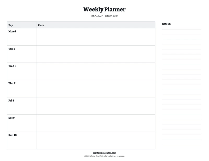 Weekly Planner — Bookish bold — US Letter · Landscape · Monday start