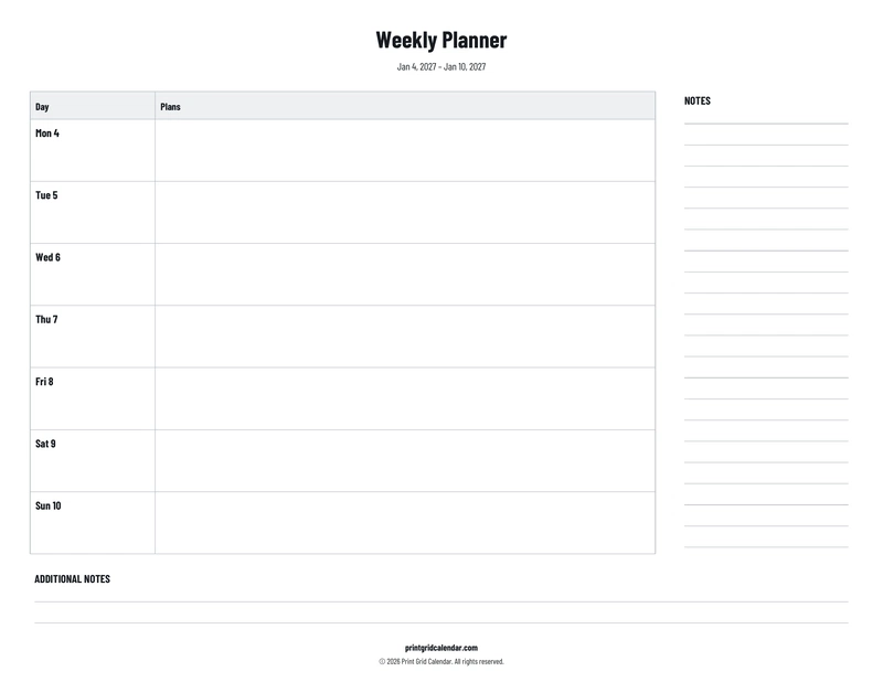 Weekly Planner — Plans below — US Letter · Landscape · Monday start