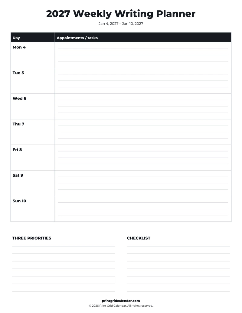 Weekly Writing Planner — Bold essentials — US Letter · Portrait · Monday start