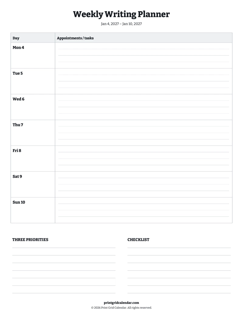 Weekly Writing Planner — Bookish bold — US Letter · Portrait · Monday start