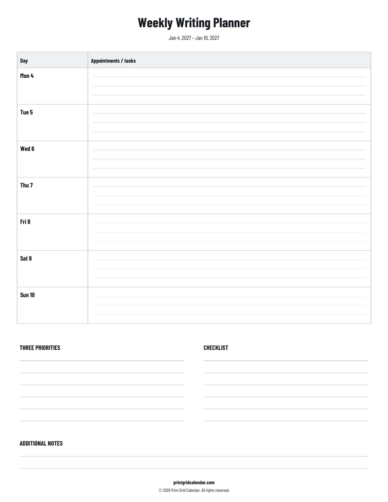 Weekly Writing Planner — Plans below — US Letter · Portrait · Monday start