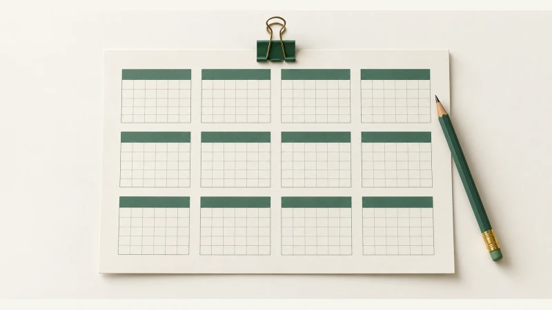 2027 Calendar — Undated annual planning sheet with forest green paper accents.