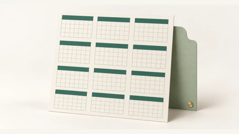 2028 Calendar — Undated annual planning sheet with forest green paper accents.
