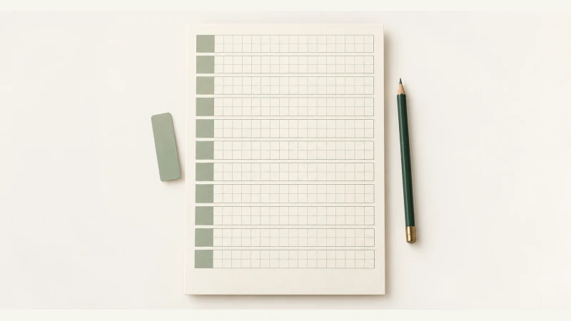 Annual Vertical Calendar — Undated annual planning sheet with forest green paper accents.
