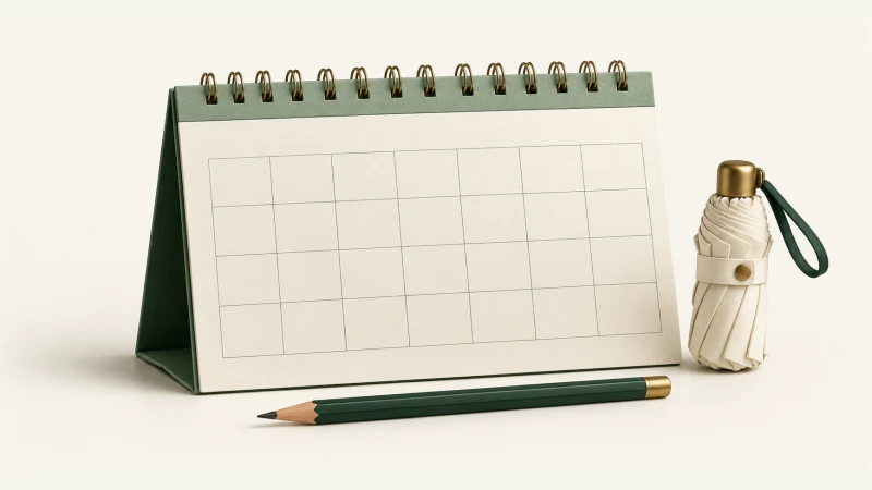 April 2027 Calendar — Print Grid Calendar illustration April 2027 Calendar — Undated calendar with paper details and forest green accents.
