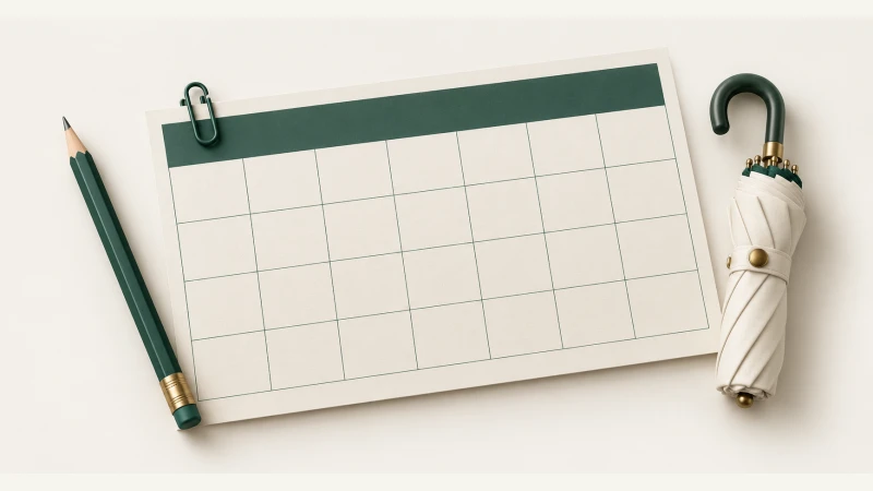 April 2028 Calendar — Print Grid Calendar illustration April 2028 Calendar — Undated calendar with paper details and forest green accents.