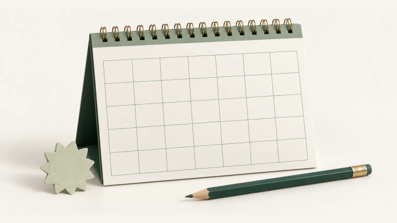 August 2027 Calendar — Print Grid Calendar illustration August 2027 Calendar — Undated calendar with paper details and forest green accents.