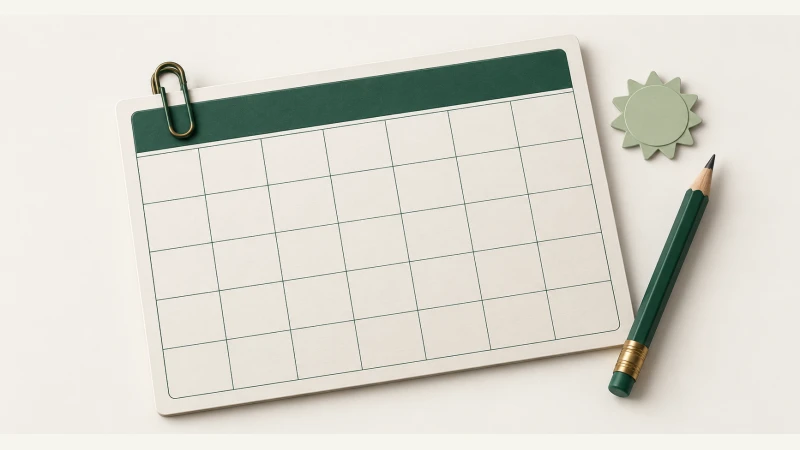 August 2028 Calendar — Print Grid Calendar illustration August 2028 Calendar — Undated calendar with paper details and forest green accents.