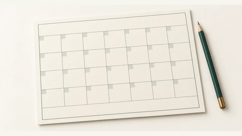 Blank Calendar — A blank calendar grid and forest green pencil for handwritten dates.