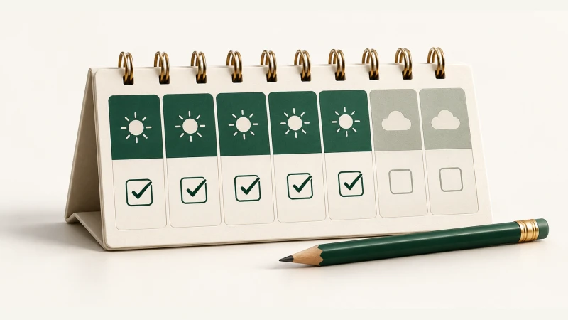 Illustration of five checked workday columns and two muted weekend columns.