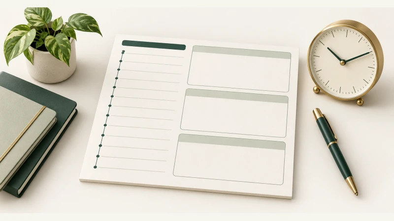 Daily Planner — A blank daily schedule with writing blocks and an ivory clock.