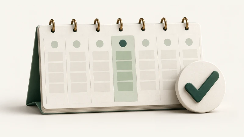 Illustration of a seven-column planner with one highlighted weekday and a check mark.