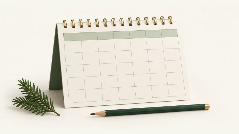 December 2027 Calendar — Print Grid Calendar illustration December 2027 Calendar — Undated calendar with paper details and forest green accents.