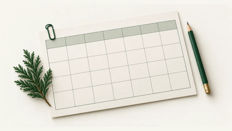 December 2028 Calendar — Print Grid Calendar illustration December 2028 Calendar — Undated calendar with paper details and forest green accents.