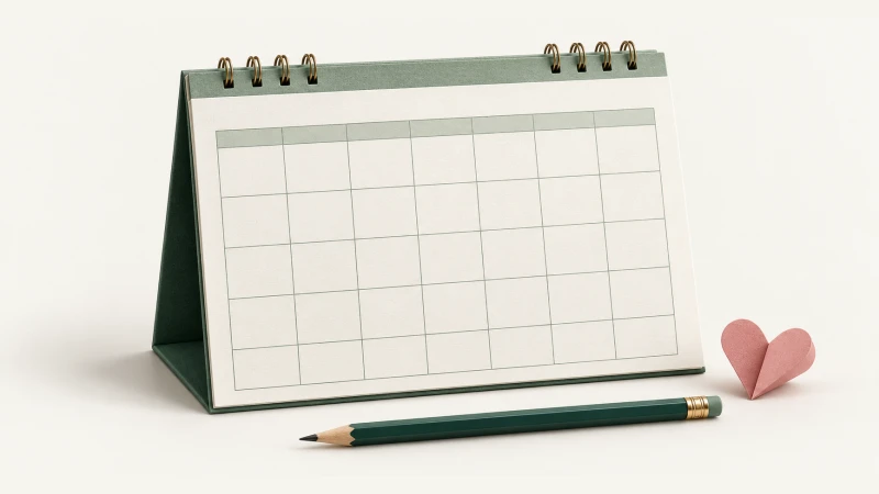 February 2027 Calendar — Print Grid Calendar illustration February 2027 Calendar — Undated calendar with paper details and forest green accents.