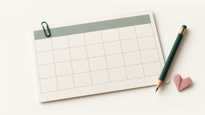 February 2028 Calendar — Print Grid Calendar illustration February 2028 Calendar — Undated calendar with paper details and forest green accents.