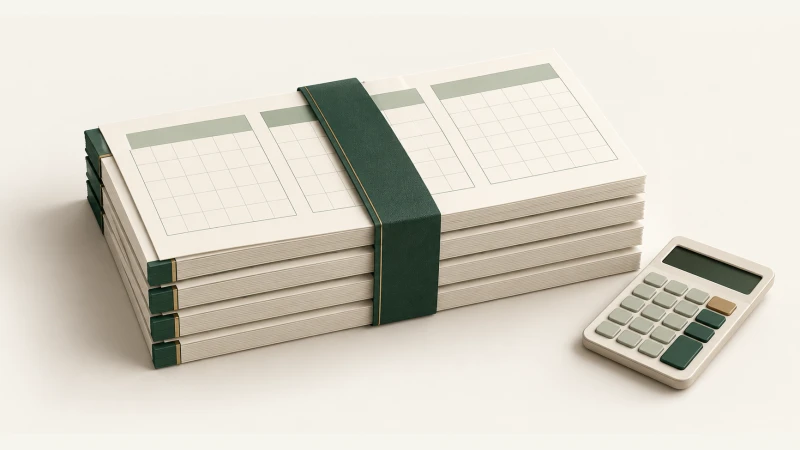 Fiscal Year 2027 Calendar — Four neat quarterly paper sections held together with a deep green band, each showing three blank monthly panels.