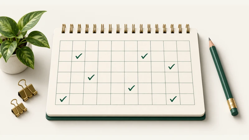 Monthly Habit Tracker — An undated habit-tracking grid with green checkmarks and a pencil.