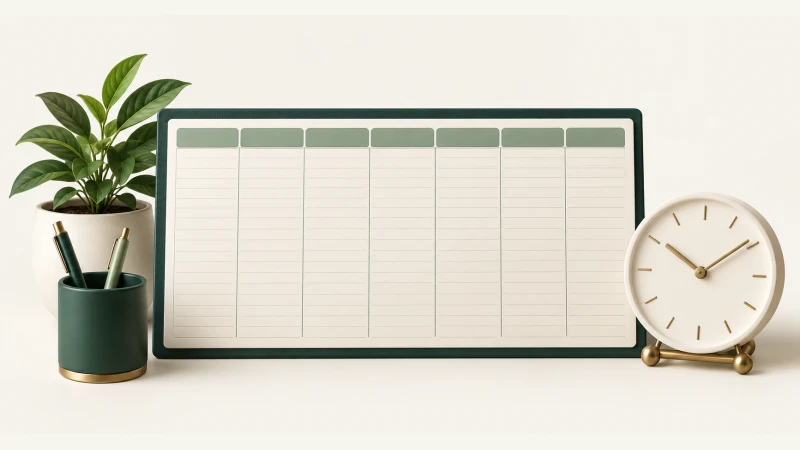 Hourly Weekly Planner — An undated weekly timetable and ivory analog clock.