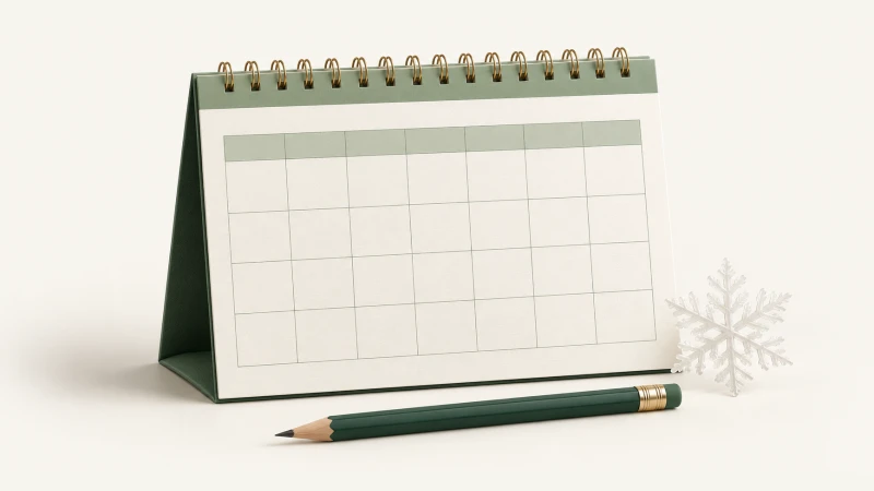 January 2027 Calendar — Print Grid Calendar illustration January 2027 Calendar — Undated calendar with paper details and forest green accents.