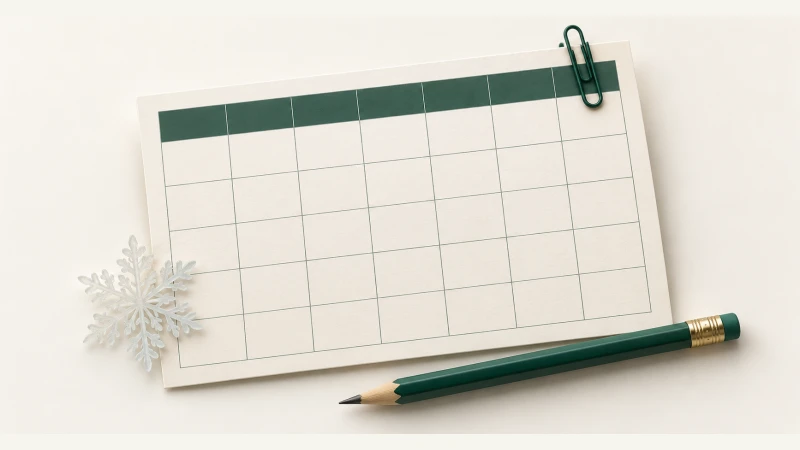 January 2028 Calendar — Print Grid Calendar illustration January 2028 Calendar — Undated calendar with paper details and forest green accents.
