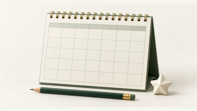 July 2027 Calendar — Print Grid Calendar illustration July 2027 Calendar — Undated calendar with paper details and forest green accents.