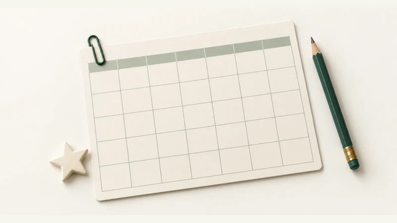 July 2028 Calendar — Print Grid Calendar illustration July 2028 Calendar — Undated calendar with paper details and forest green accents.
