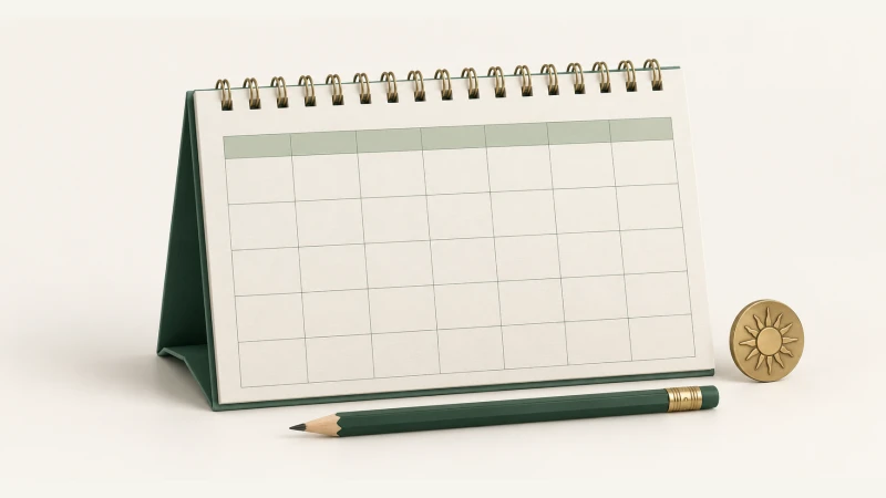 June 2027 Calendar — Print Grid Calendar illustration June 2027 Calendar — Undated calendar with paper details and forest green accents.
