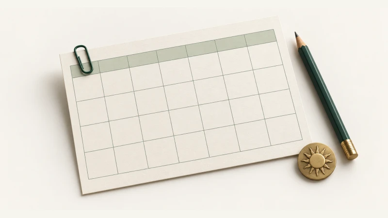 June 2028 Calendar — Print Grid Calendar illustration June 2028 Calendar — Undated calendar with paper details and forest green accents.