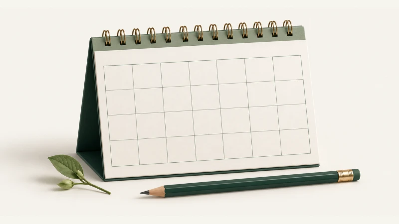 March 2027 Calendar — Print Grid Calendar illustration March 2027 Calendar — Undated calendar with paper details and forest green accents.