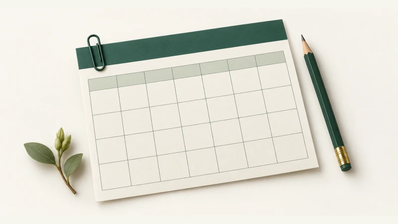 March 2028 Calendar — Print Grid Calendar illustration March 2028 Calendar — Undated calendar with paper details and forest green accents.