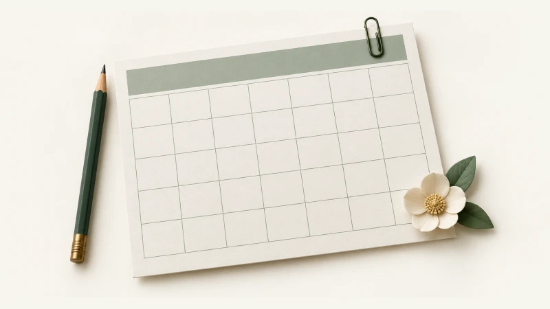 May 2028 Calendar — Print Grid Calendar illustration May 2028 Calendar — Undated calendar with paper details and forest green accents.