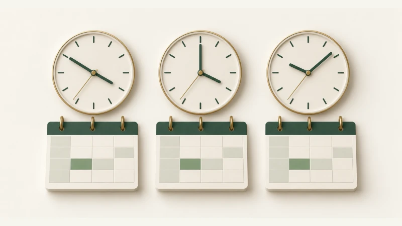 Illustration of three clocks and planning strips with a shared highlighted slot.