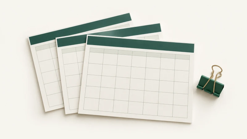 Monthly Calendars — Print Grid Calendar illustration Monthly Calendars — A collection of undated calendar and planning sheets with green accents.