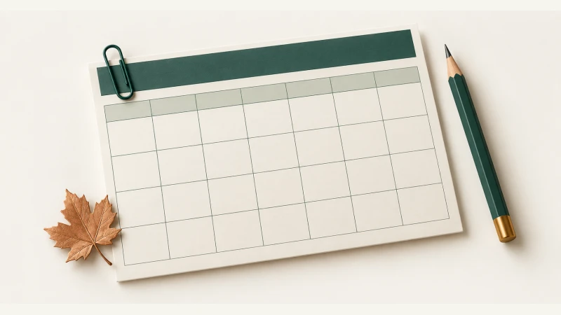 November 2028 Calendar — Print Grid Calendar illustration November 2028 Calendar — Undated calendar with paper details and forest green accents.