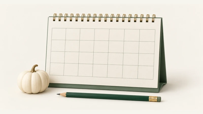 October 2027 Calendar — Print Grid Calendar illustration October 2027 Calendar — Undated calendar with paper details and forest green accents.