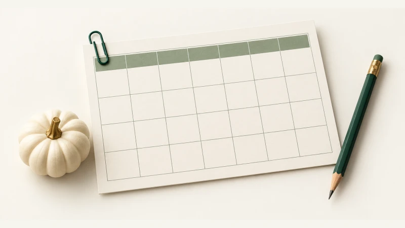 October 2028 Calendar — Print Grid Calendar illustration October 2028 Calendar — Undated calendar with paper details and forest green accents.