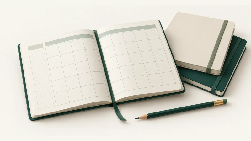School Year 2027–2028 Calendar — Print Grid Calendar illustration School Year 2027–2028 Calendar — A blank school-year planner opened beside two simple ivory notebooks and a green pencil.