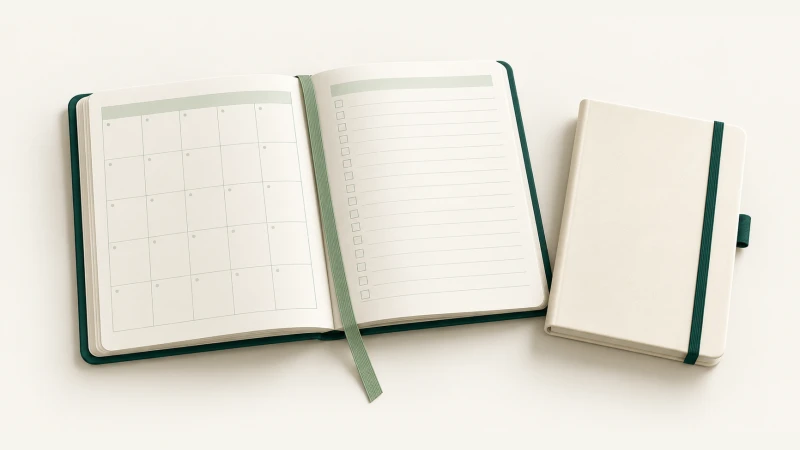 Semester Planner — An open undated academic planner with a green bookmark and ivory notebook.