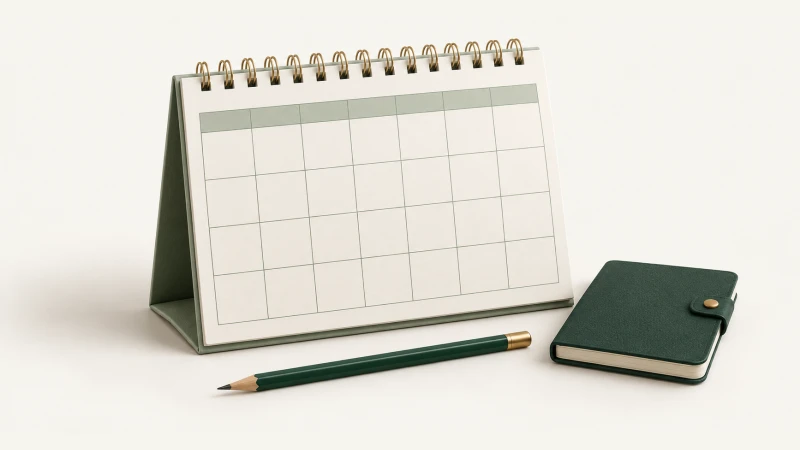 September 2027 Calendar — Print Grid Calendar illustration September 2027 Calendar — Undated calendar with paper details and forest green accents.