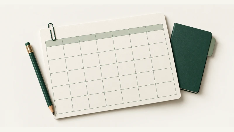 September 2028 Calendar — Print Grid Calendar illustration September 2028 Calendar — Undated calendar with paper details and forest green accents.