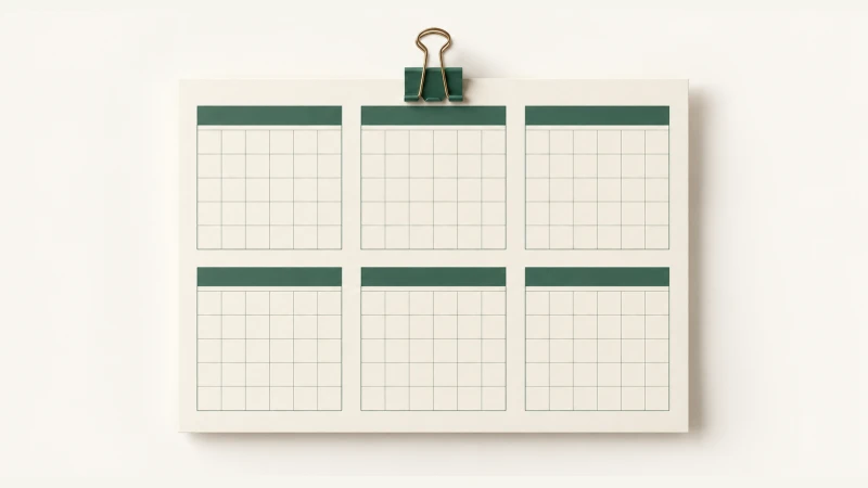 Six Month Calendar — An undated planning sheet with six monthly grid panels.