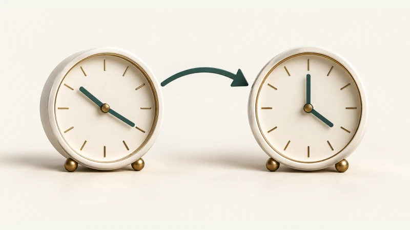 Illustration of two clocks linked by a directional arrow.