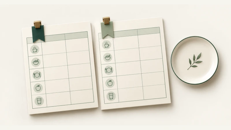 Planned and Actual Meal Log — Two undated meal-log sheets beside an ivory plate.